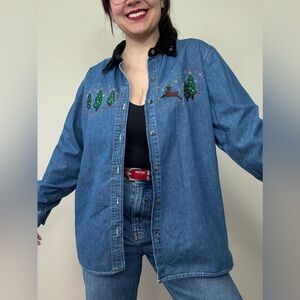 Basic Editions Blue Denim Shirt with Holiday Embroidery